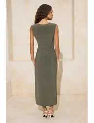 Khaki A-Line/Bell-Shaped Sleeveless Midi Stretchy Knitted Dress - 4
