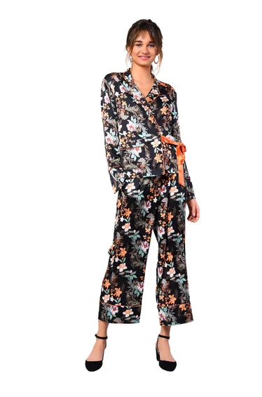 Glamorous Black Orange Floral Wrap Tie Long Sleeve Satin Top