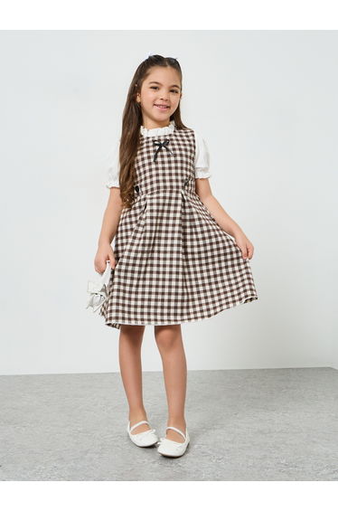 Girls Brown Gingham A-Line Knee-Length Dress