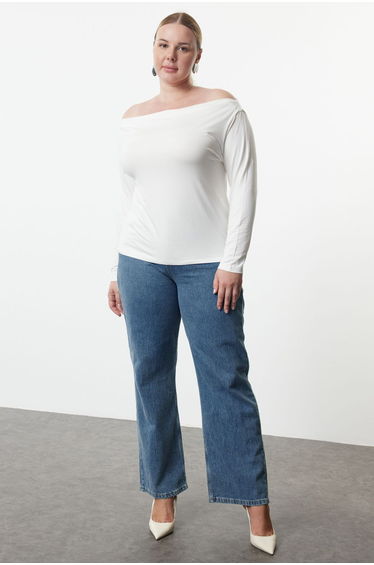 Ecru Carmen/Madonna Collar Flexible Draped Knit Plus Size Blouse