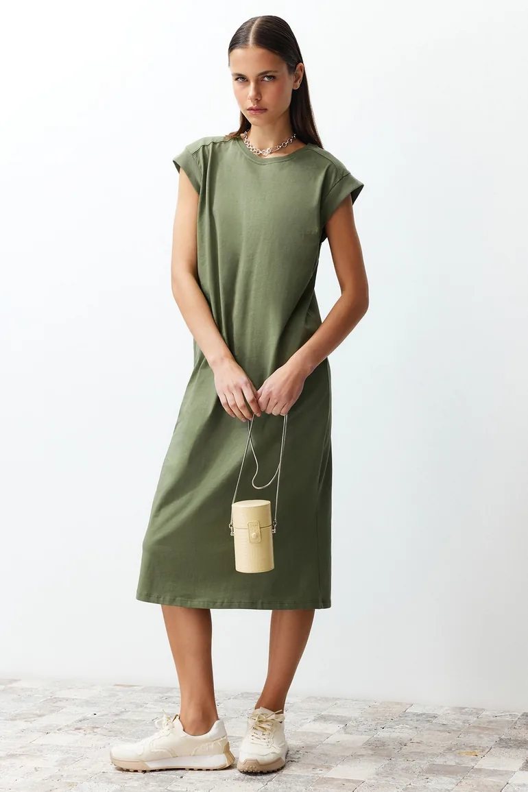 Khaki 100% Cotton Moon Sleeve Shift/Comfortable Cut Midi Knitted Dress