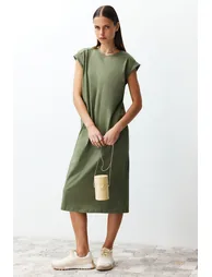 Khaki 100% Cotton Moon Sleeve Shift/Comfortable Cut Midi Knitted Dress