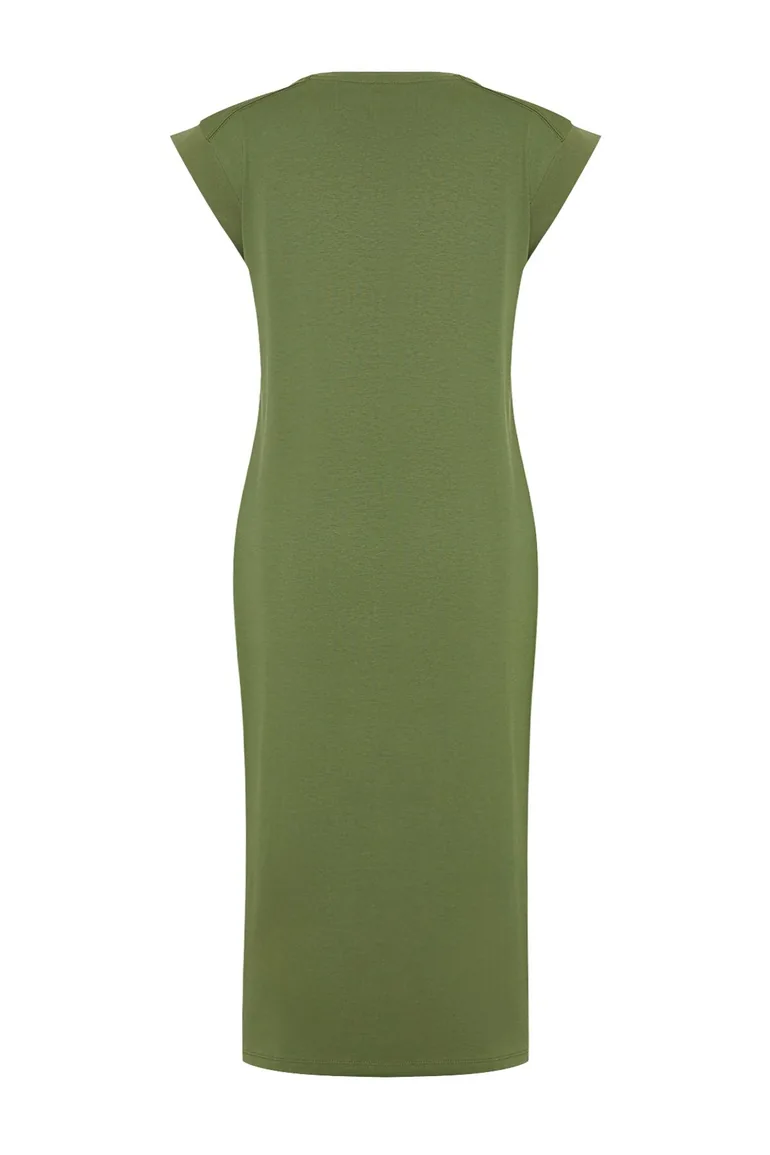 Khaki 100% Cotton Moon Sleeve Shift/Comfortable Cut Midi Knitted Dress - 7