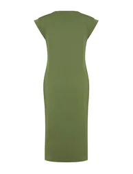 Khaki 100% Cotton Moon Sleeve Shift/Comfortable Cut Midi Knitted Dress - 7