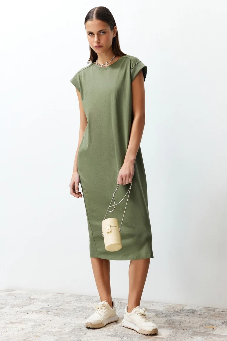 Khaki 100% Cotton Moon Sleeve Shift/Comfortable Cut Midi Knitted Dress - 1