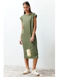 Khaki 100% Cotton Moon Sleeve Shift/Comfortable Cut Midi Knitted Dress - 1