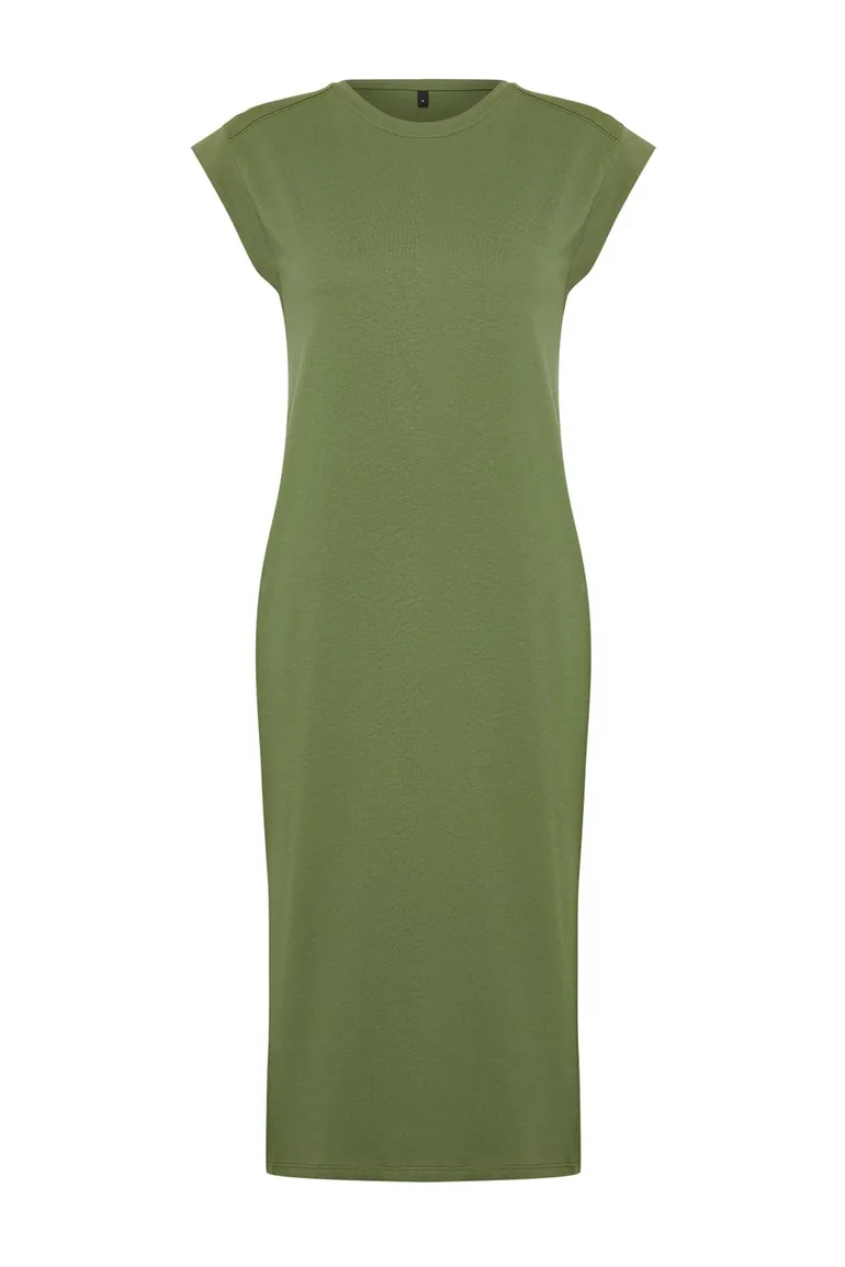 Khaki 100% Cotton Moon Sleeve Shift/Comfortable Cut Midi Knitted Dress - 6