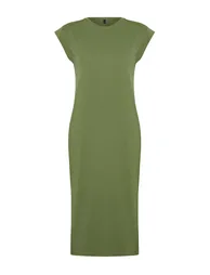 Khaki 100% Cotton Moon Sleeve Shift/Comfortable Cut Midi Knitted Dress - 6