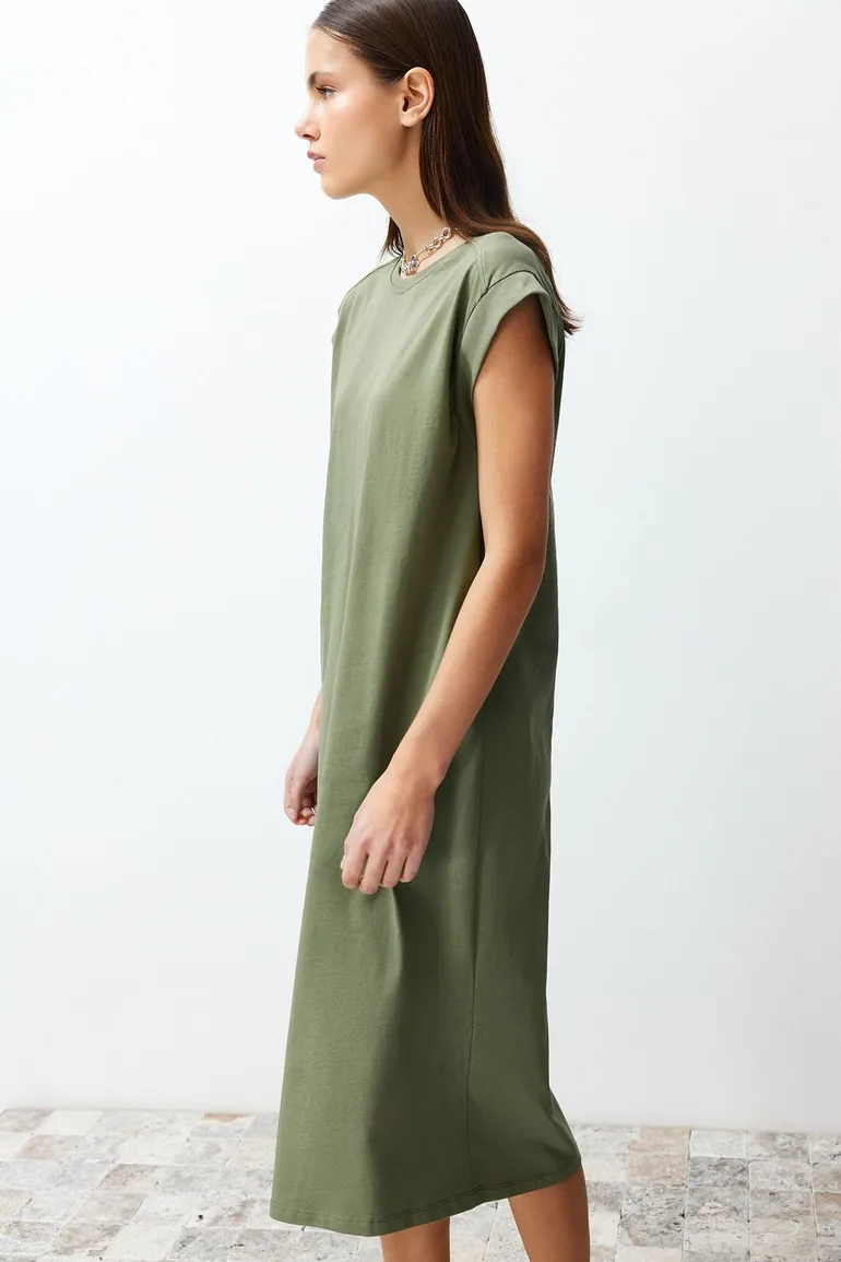 Khaki 100% Cotton Moon Sleeve Shift/Comfortable Cut Midi Knitted Dress - 2