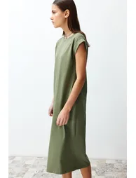 Khaki 100% Cotton Moon Sleeve Shift/Comfortable Cut Midi Knitted Dress - 2