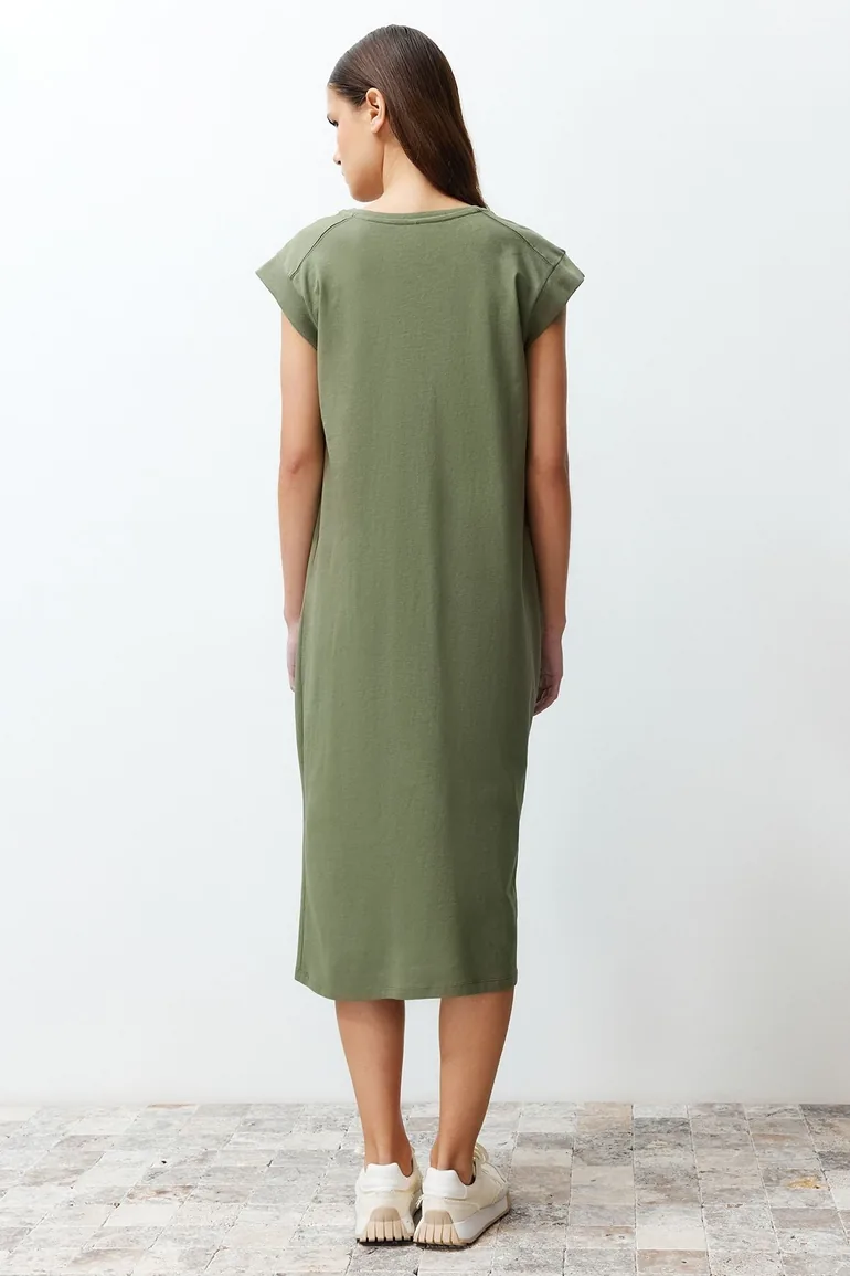 Khaki 100% Cotton Moon Sleeve Shift/Comfortable Cut Midi Knitted Dress - 5