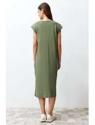 Khaki 100% Cotton Moon Sleeve Shift/Comfortable Cut Midi Knitted Dress - 5