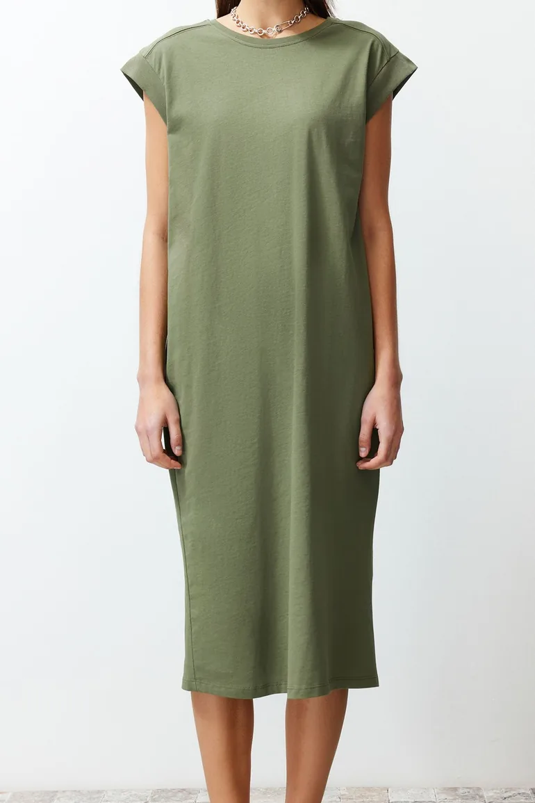 Khaki 100% Cotton Moon Sleeve Shift/Comfortable Cut Midi Knitted Dress - 4
