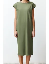 Khaki 100% Cotton Moon Sleeve Shift/Comfortable Cut Midi Knitted Dress - 4