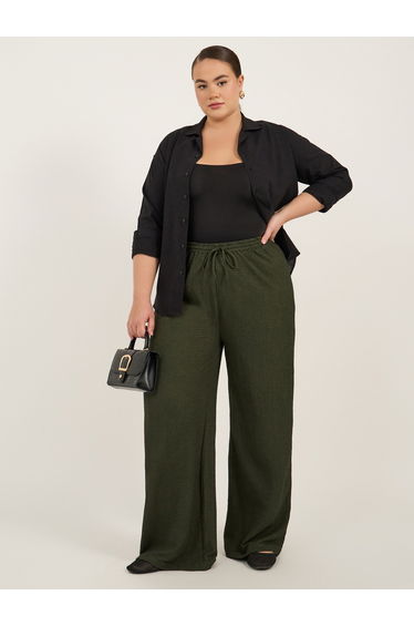 Plus Size Textured Wide Leg Trousers with Drawstring
