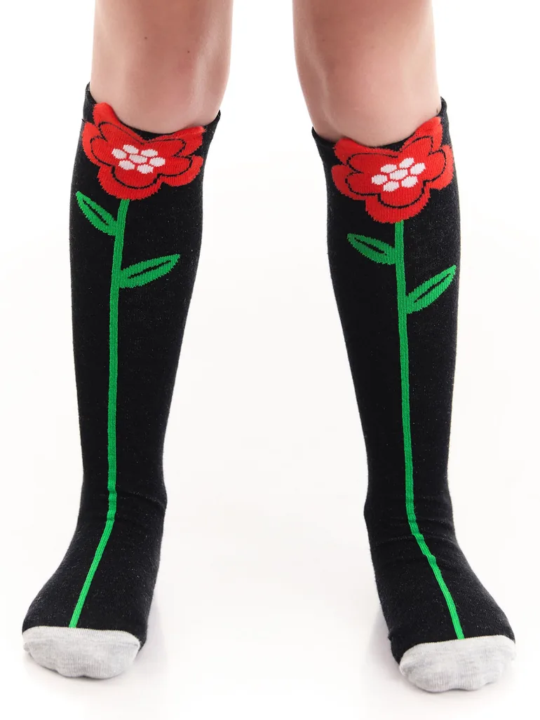 Poppy Floral Girl's Knee Socks Black - 2