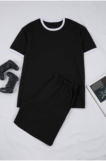 Black Regular Fit Collar and Sleeve Contrast Detailed Pajama Set