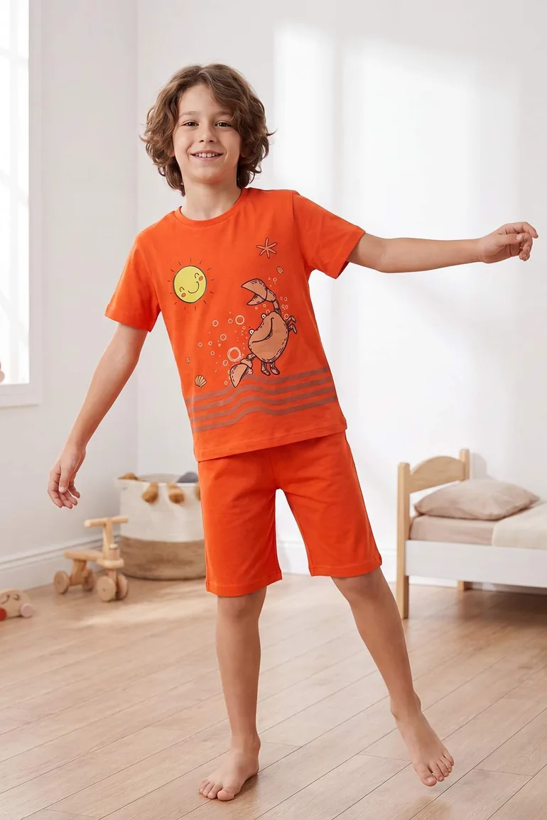 Orange-Ecru 4-Piece Boys' Printed Pajama Set