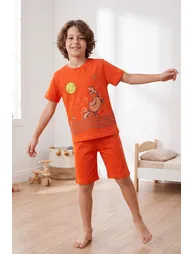 Orange-Ecru 4-Piece Boys' Printed Pajama Set
