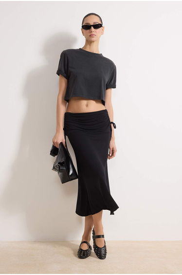 Black Skater Shirred Regular Waist Midi Cotton Rib Knit Skirt