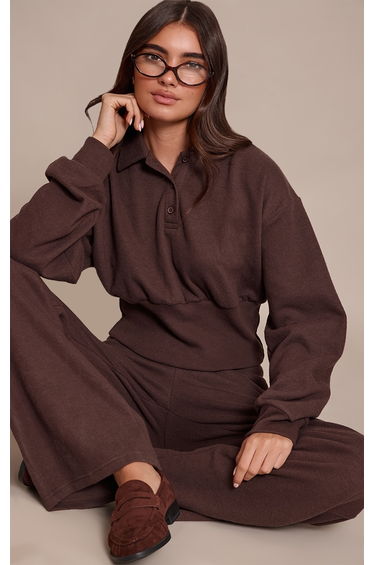 Chocolate Brushed Rib Elasticated Balloon Sleeve Polo Top