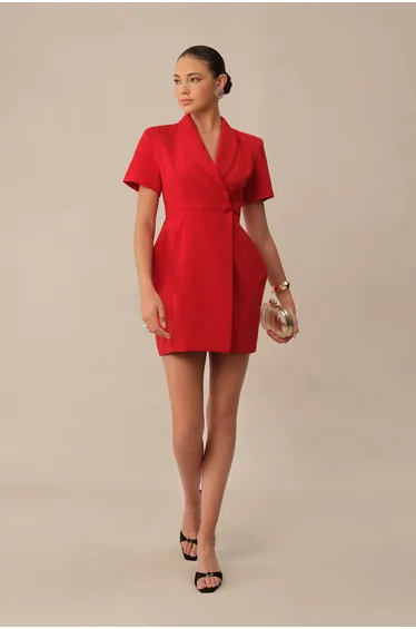 Own The Room Red Shawl Collar Short Sleeve Blazer Mini Dress
