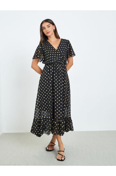 Women Black Polka Dot Print A-Line Maxi Dress