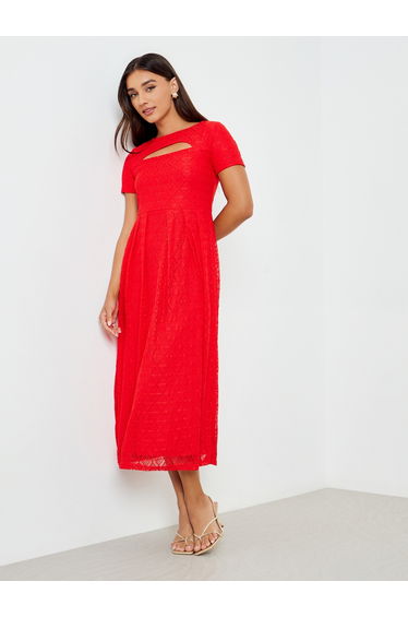 Red Lace Overlay Cut-Out Midi Dress
