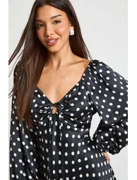 Polka Dot Volume Sleeve Satin Midaxi Dress - black - 3