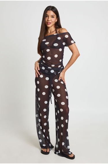 Polka Dot Mesh Asym Beach Top - black