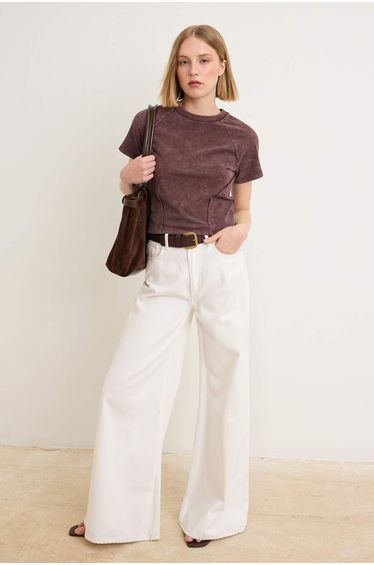 Brown Plain Fitted Crew Neck Raglan Sleeve Short Long Cotton of Stretchy Knitted T-Shirt