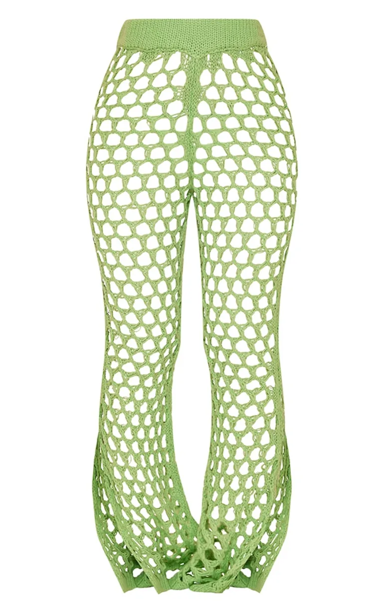 Petite Bright Green Open Knit Flared Trousers - 3