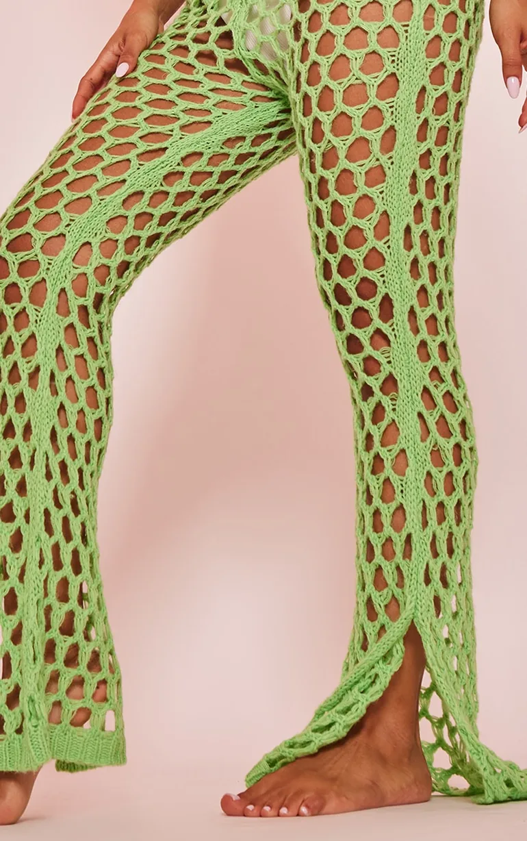 Petite Bright Green Open Knit Flared Trousers - 2