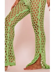 Petite Bright Green Open Knit Flared Trousers - 2