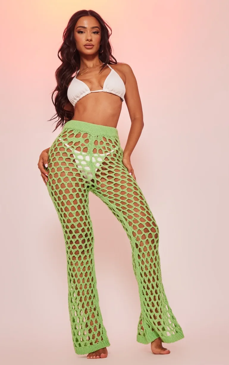 Petite Bright Green Open Knit Flared Trousers