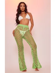 Petite Bright Green Open Knit Flared Trousers