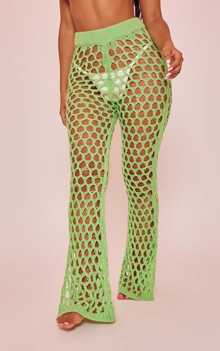 Petite Bright Green Open Knit Flared Trousers - 1