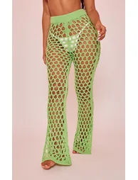 Petite Bright Green Open Knit Flared Trousers - 1