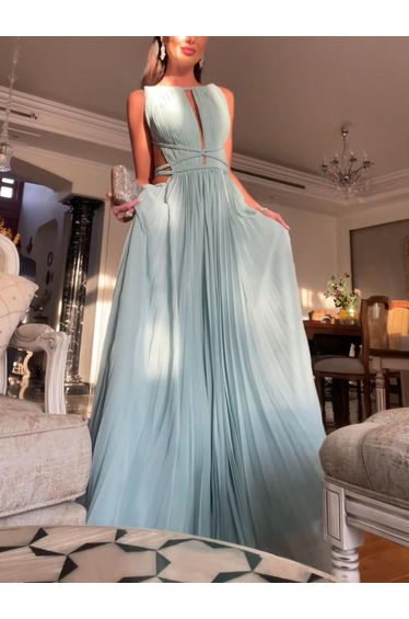 Elegant Hollow Back Sleeveless Pleated Maxi Dress