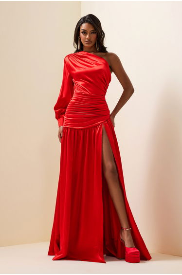 Léa Satin Pleat One-Shoulder Maxi Dress in Red
