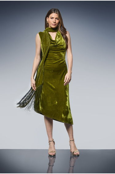 Velvet Tie Neck Tassel Midi Dress