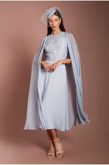 Lisa Tan Cape Sleeve Lace Midi Dress