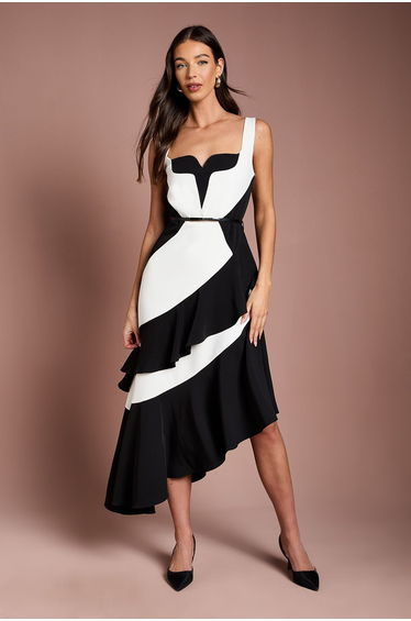 Colour Block Asymmetric Hem Midi Dress