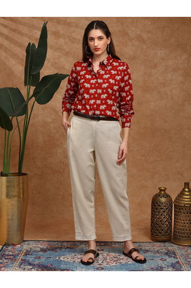 Women Off-White Linen Straight Leg Trousers