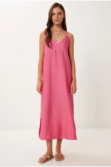 فستان ميدي بحمالات رفيعة - زهري