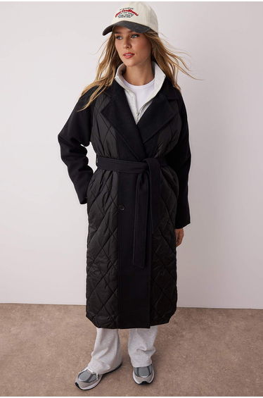 Black Quilted Detailed Double Breasted Oversize Long Coat