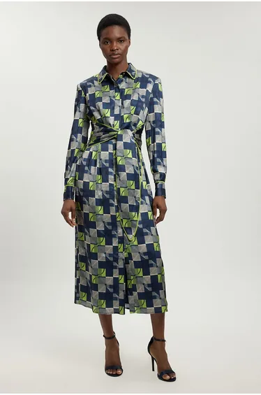 Petite Geo Print Hammered Satin Tie Waist Woven Midi Dress