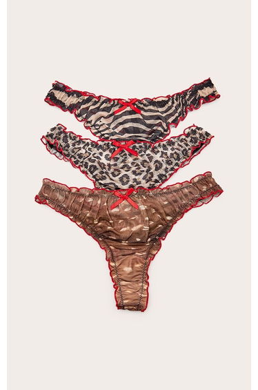 Animal Print 3 Pack Contrast Stitch Mesh Frill Thong