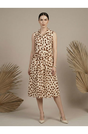 Cream Sleeveless Polka Dot Midi Dress