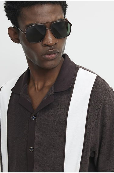 Brown Regular Fit Stripe Towelling Shirt